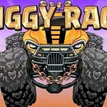 Camión monstruo amarillo con neumáticos grandes y cadena en el parachoques delantero, con texto BIGGY RACE en la parte superior sobre un fondo degradado