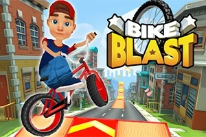 Un personaje animado en bicicleta realiza un truco en una rampa en una ciudad colorida