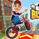 Un personaje animado en bicicleta realiza un truco en una rampa en una ciudad colorida