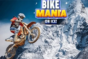 Motociclista realizando un salto en una motocicleta todoterreno frente a una montaña nevada, con un cielo azul de fondo y letras grandes en la parte superior