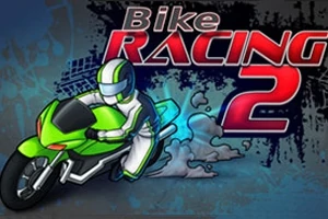 Motociclista con casco en una moto verde y logo grande de Bike Racing 2 al fondo