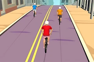 Tres ciclistas con camisetas de colores sobre una carretera púrpura en un entorno urbano
