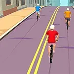 Tres ciclistas con camisetas de colores sobre una carretera púrpura en un entorno urbano