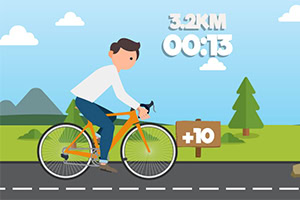 Persona en bicicleta en un paisaje de montaña con cielo despejado, árboles y un letrero que indica +10 puntos