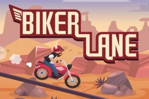 Hombre con casco rojo conduciendo una motocicleta roja en un paisaje desértico con el letrero Biker Lane