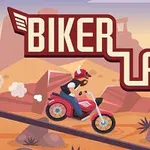 Hombre con casco rojo conduciendo una motocicleta roja en un paisaje desértico con el letrero Biker Lane