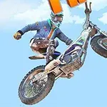 Motociclista realizando un truco en el aire con una moto de trial, con un fondo de cielo azul y nubes