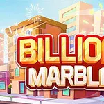 Edificios coloridos con dados flotantes y el texto Billion Marble en el centro