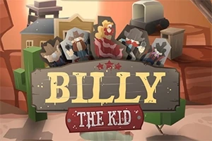 Cartel de madera con el texto Billy The Kid en un entorno del viejo oeste, con personajes de estilo caricaturesco en el fondo