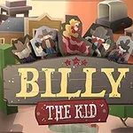 Cartel de madera con el texto Billy The Kid en un entorno del viejo oeste, con personajes de estilo caricaturesco en el fondo