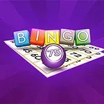 Letras coloridas que forman la palabra BINGO sobre un tablero de juego con una bola número 75, todo en un fondo morado