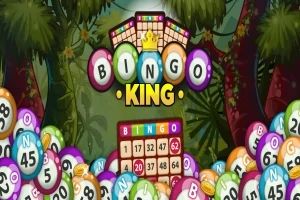 Bolas de bingo coloridas con números y la palabra BINGO KING en un entorno de jungla