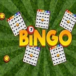 Tarjetas con números organizados en una disposición radial sobre un fondo verde con la palabra BINGO en letras grandes y coloridas en el centro