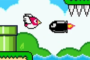Pájaro pixelado volando cerca de un tubo verde y un proyectil en un paisaje de nubes y vegetación