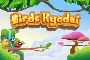 Un grupo de pájaros coloridos sobre una rama con un fondo de árboles caricaturescos y el texto Birds Kyodai