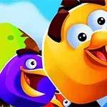 Pájaros animados de colores brillantes con expresiones felices en un paisaje azul