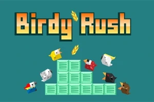 Título amarillo Birdy Rush sobre un fondo azul con pájaros de colores rodeando cajas verdes