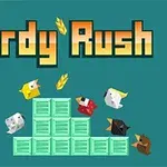 Título amarillo Birdy Rush sobre un fondo azul con pájaros de colores rodeando cajas verdes