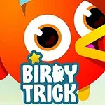 Un pájaro de caricatura naranja con un pico amarillo y un logotipo que dice BIRDY TRICK en el frente