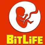 Fondo rojo con un feto estilizado en blanco dentro de un círculo y texto amarillo BitLife en la parte inferior