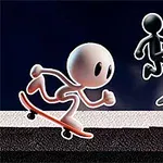 Dos figuras estilizadas en patinetas sobre una superficie, una blanca en posición de carrera y otra negra haciendo un truco en el aire
