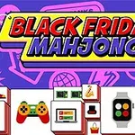 Colores brillantes y bloques con iconos de compras electrónicas sobre un fondo púrpura con el texto Black Friday Mahjong