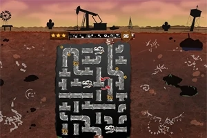Un paisaje desértico al atardecer con un mecanismo de extracción de petróleo sobre un laberinto subterráneo de tuberías