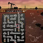 Un paisaje desértico al atardecer con un mecanismo de extracción de petróleo sobre un laberinto subterráneo de tuberías