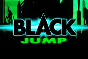Texto BLACK JUMP en un diseño estilizado con colores verde y negro, y un fondo de edificios oscuros
