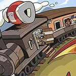 Un tren animado en movimiento con personajes felices a bordo, sobre una vía curva en un paisaje claro