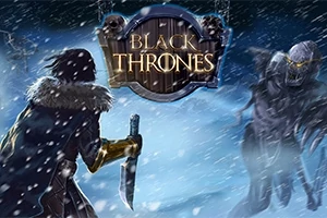 Una figura con abrigo de piel sostiene un cuchillo frente a una criatura esquelética en un entorno nevado, bajo un letrero que dice Black Thrones