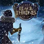 Una figura con abrigo de piel sostiene un cuchillo frente a una criatura esquelética en un entorno nevado, bajo un letrero que dice Black Thrones