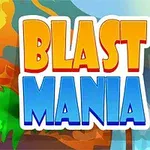 Título Blast Mania con fondo de volcán, palmeras y cascada