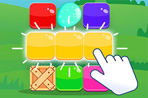 Cubos de colores brillantes con diferentes texturas y un cursor de mano en un fondo de paisaje verde