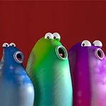 Cuatro criaturas coloridas con forma cilíndrica, ojos muy abiertos y bocas redondas en un fondo rojo