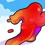 Personaje rojo y brillante con forma fluida corriendo hacia una línea de meta en un entorno con cielo azul y nubes esponjosas