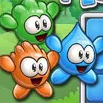 Tres personajes caricaturescos de colores verde, azul y naranja, con expresiones sonrientes, junto a bloques azules en un entorno verde