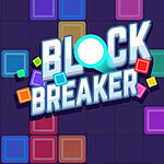 Título Block Breaker en el centro rodeado de bloques de colores brillantes sobre un fondo azul oscuro