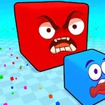 Cubos animados, uno rojo y enojado y otro azul sorprendido, con expresiones exageradas sobre un fondo cuadriculado y colorido