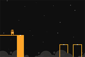 Personaje pixelado en un sombrero sobre una plataforma naranja con fondo estrellado y plataformas separadas