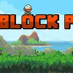Un pequeño personaje con casco sobre un texto grande de color naranja BLOCK PILE con un fondo de paisaje natural que incluye vegetación y colinas a lo lejos