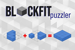 Texto BLOCKFIT puzzler en letras negras y azules sobre fondo geométrico gris con ilustraciones de bloques azules sumándose para formar una pieza más grande