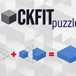 Texto BLOCKFIT puzzler en letras negras y azules sobre fondo geométrico gris con ilustraciones de bloques azules sumándose para formar una pieza más grande