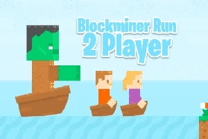 Personajes pixelados en barcos pequeños sobre el agua con un texto grande que dice Blockminer Run 2 Player