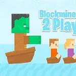Personajes pixelados en barcos pequeños sobre el agua con un texto grande que dice Blockminer Run 2 Player