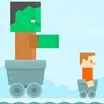 Un personaje pixelado grande de piel verde junto a un personaje más pequeño en carritos sobre rieles
