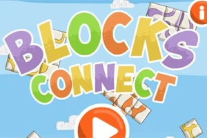 Texto colorido Blocks Connect en un fondo azul con bloques y un botón de reproducción naranja