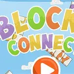 Texto colorido Blocks Connect en un fondo azul con bloques y un botón de reproducción naranja