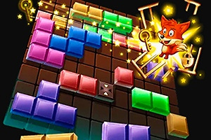 Bloques de colores organizados en una cuadrícula con un personaje de zorro animado y destellos brillantes
