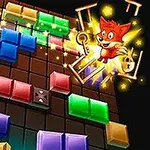 Bloques de colores organizados en una cuadrícula con un personaje de zorro animado y destellos brillantes